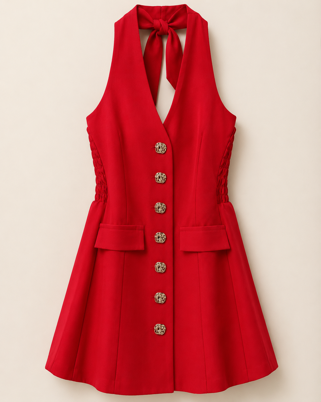 SHELLA — Robe courte gilet à col licou et boutons dorés / Tie-Neck Halter Waistcoat Mini Dress / فستان صديري قصير برقبة رسن وأزرار ذهبية