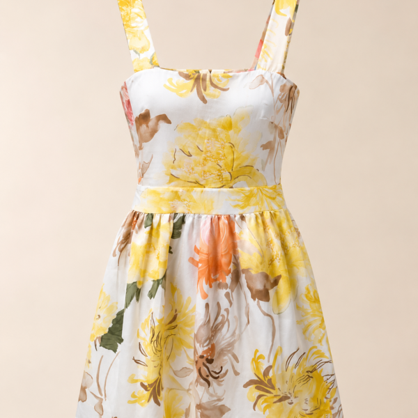 SHELLA — Robe courte fleurie jaune col carré à larges bretelles / Yellow Floral Square Neck Mini Sundress / فستان صيفي قصير مزهّر أصفر بياقة مربعة وحمالات عريضة