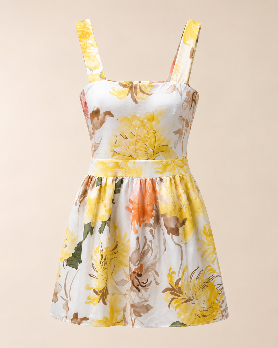 SHELLA — Robe courte fleurie jaune col carré à larges bretelles / Yellow Floral Square Neck Mini Sundress / فستان صيفي قصير مزهّر أصفر بياقة مربعة وحمالات عريضة