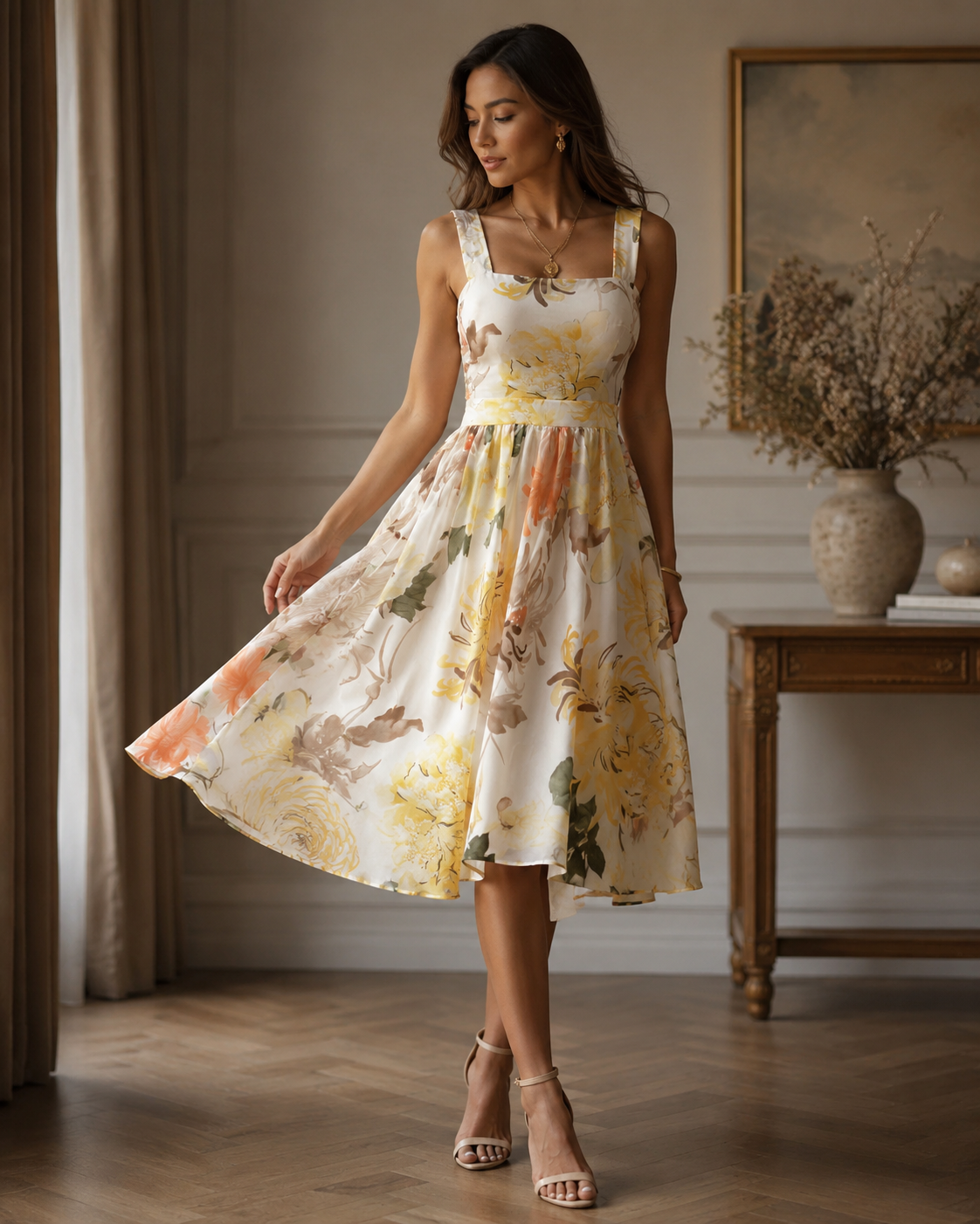 SHELLA — Robe courte fleurie jaune col carré à larges bretelles / Yellow Floral Square Neck Mini Sundress / فستان صيفي قصير مزهّر أصفر بياقة مربعة وحمالات عريضة