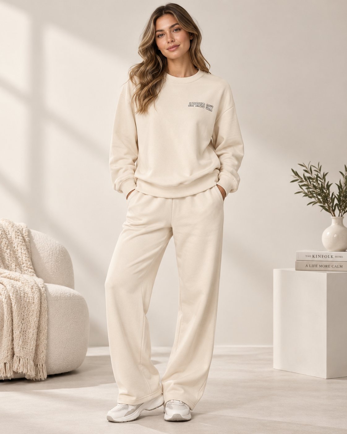 Ensemble femme APRES SKI sweat oversize et pantalon large – Crème – SHELLA