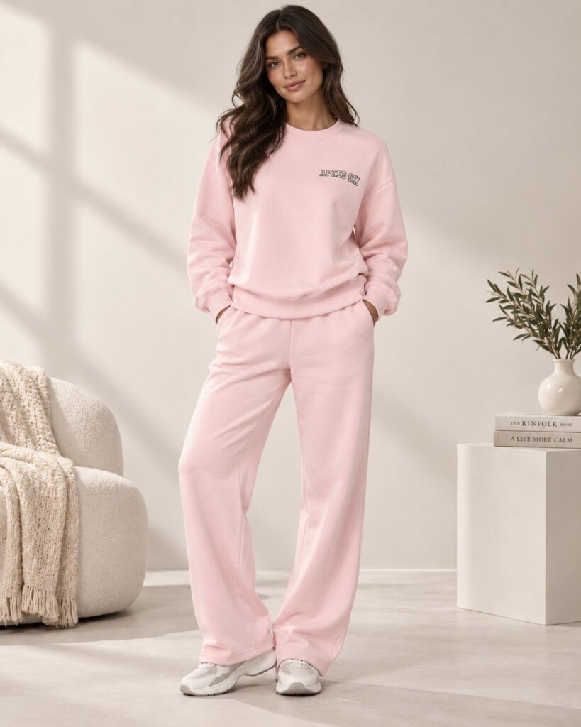 Ensemble femme APRES SKI sweat oversize et pantalon large – Rose poudré – SHELLA