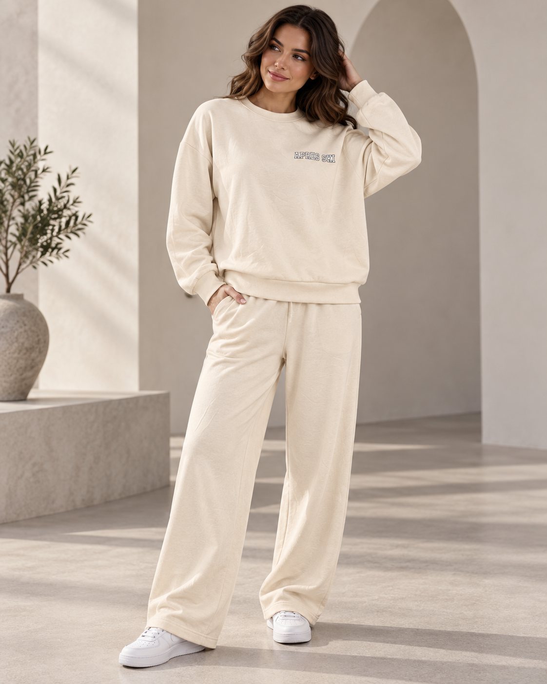 Ensemble femme APRES SKI sweat oversize et pantalon large – Crème – SHELLA
