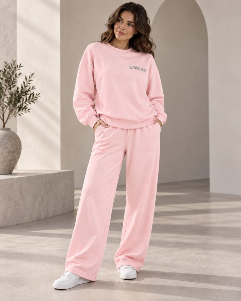 Ensemble femme APRES SKI sweat oversize et pantalon large – Rose poudré – SHELLA