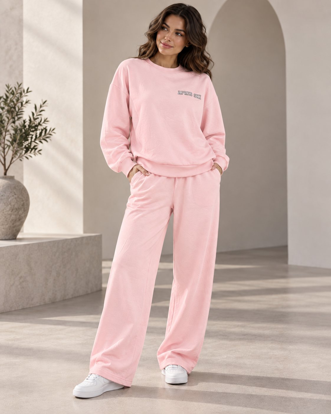 Ensemble femme APRES SKI sweat oversize et pantalon large – Rose poudré – SHELLA