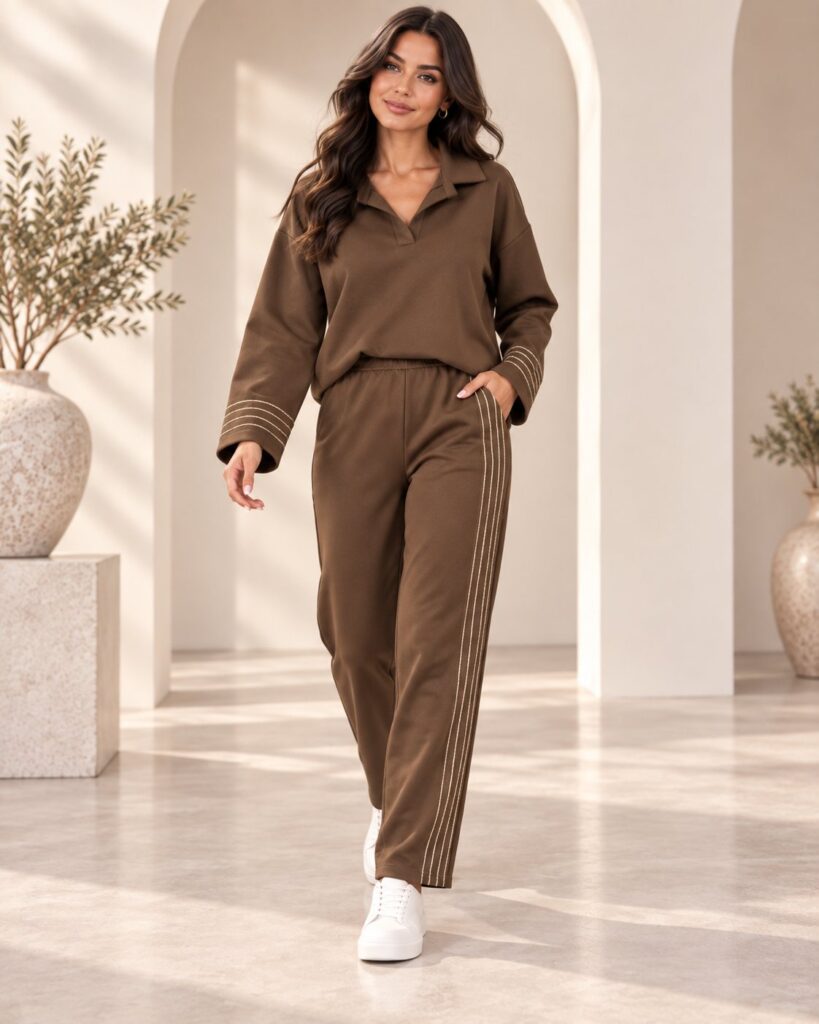 Ensemble femme col polo et pantalon droit à surpiqûres contrastées – Marron – SHELLA