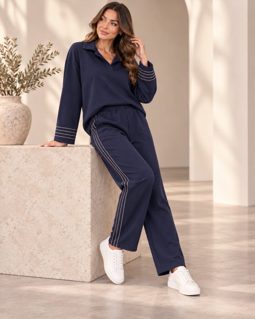 Ensemble femme col polo et pantalon droit à surpiqûres contrastées – Bleu marine – SHELLA