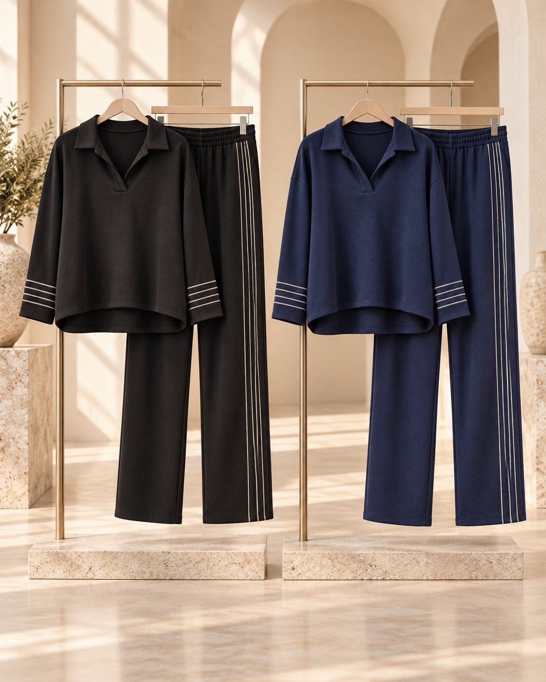 Ensemble femme col polo et pantalon droit à surpiqûres contrastées – Noir et bleu marine – SHELLA