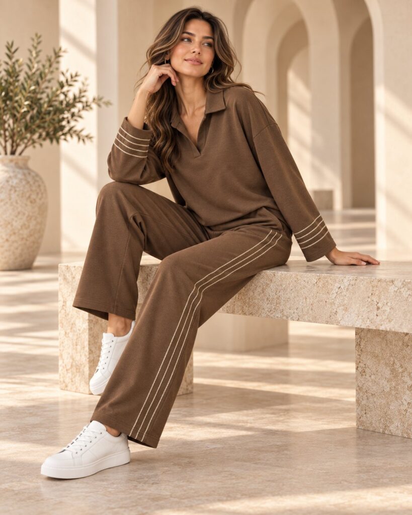 Ensemble femme col polo et pantalon droit à surpiqûres contrastées – Marron – SHELLA