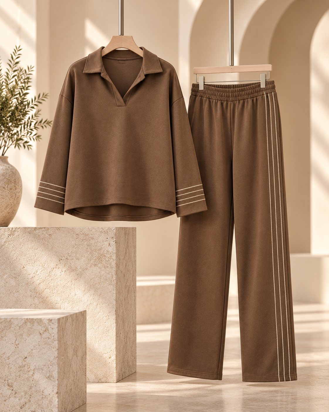 Ensemble femme col polo et pantalon droit à surpiqûres contrastées – Marron – SHELLA