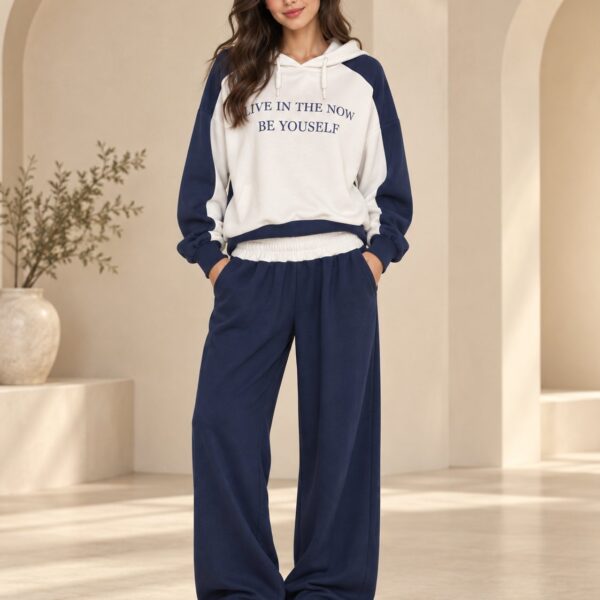 Ensemble femme sweat à capuche color block et pantalon large – Bleu marine – SHELLA