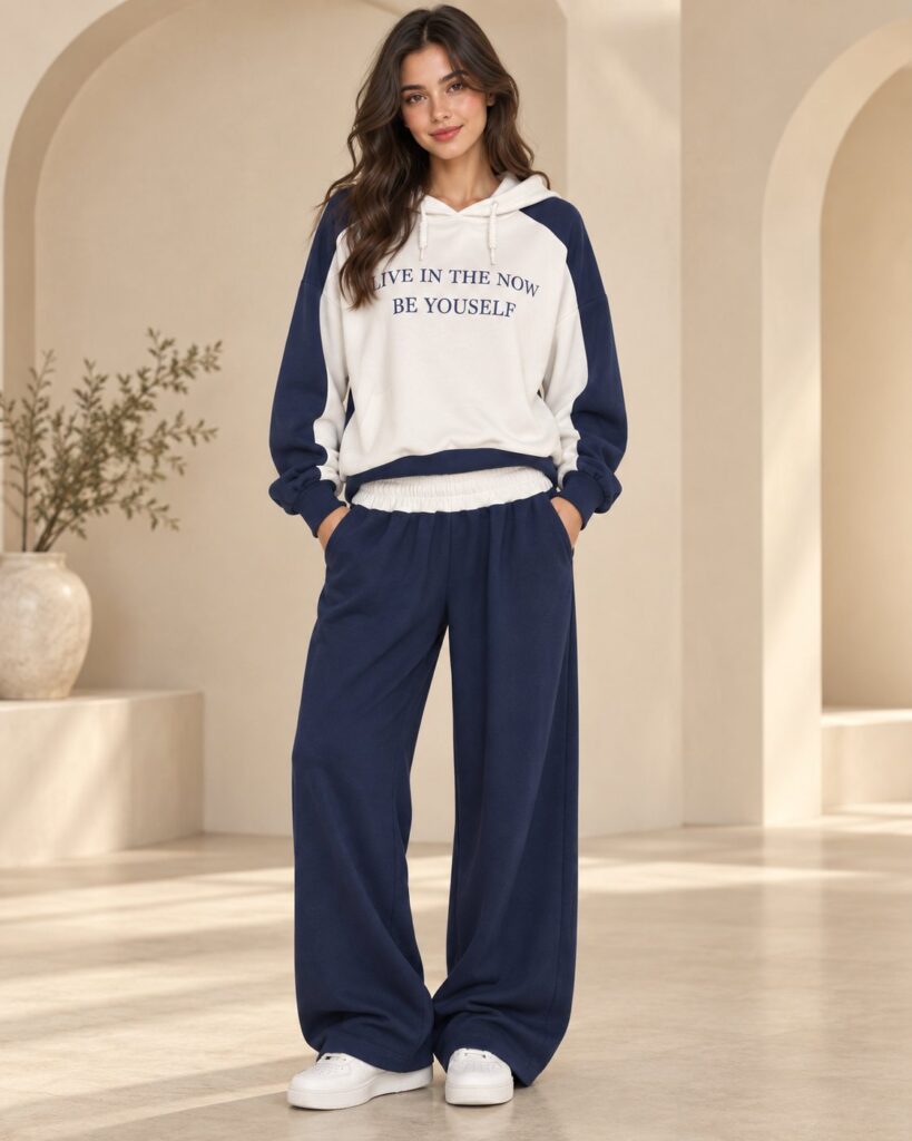 Ensemble femme sweat à capuche color block et pantalon large – Bleu marine – SHELLA