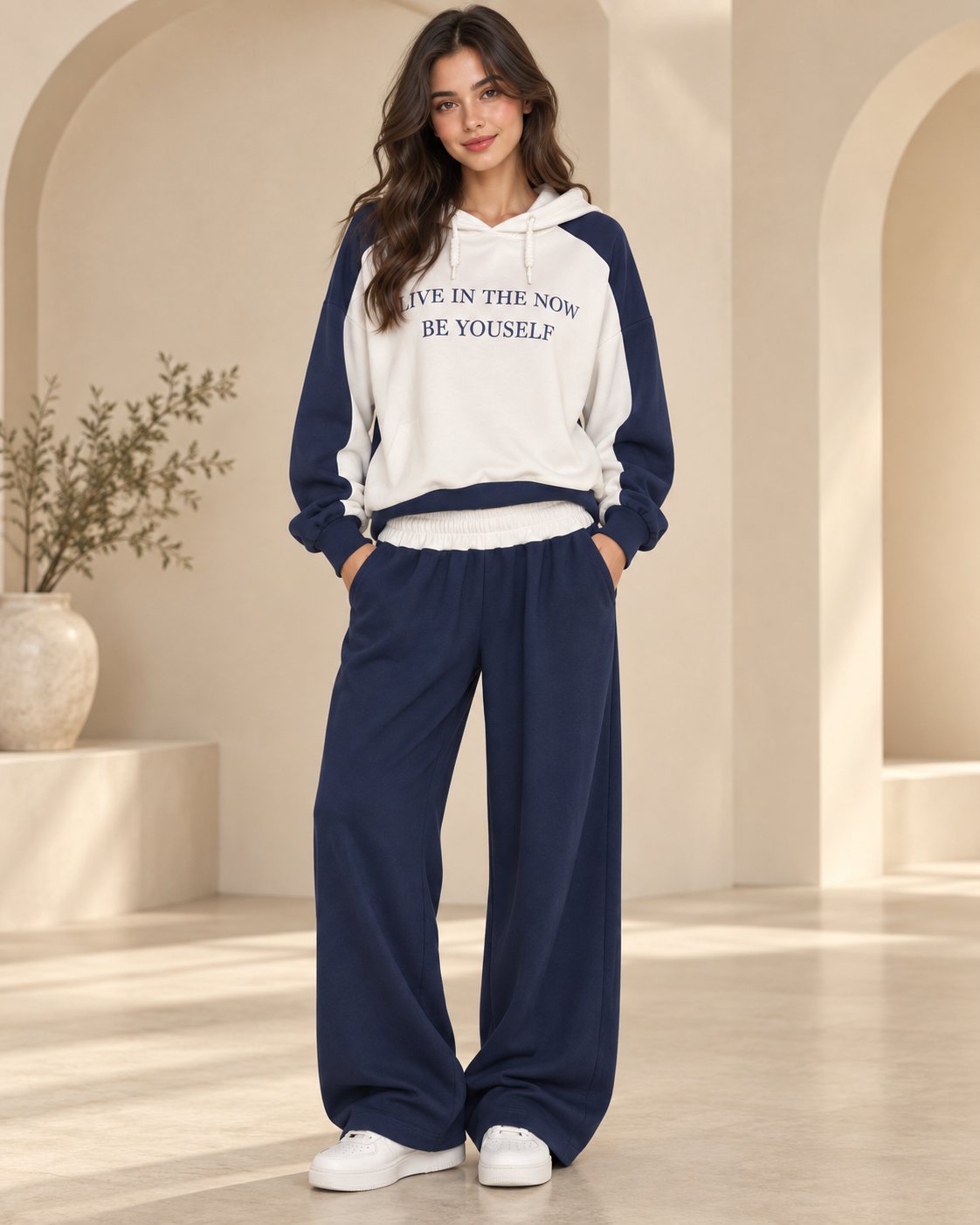 Ensemble femme sweat à capuche color block et pantalon large – Bleu marine – SHELLA