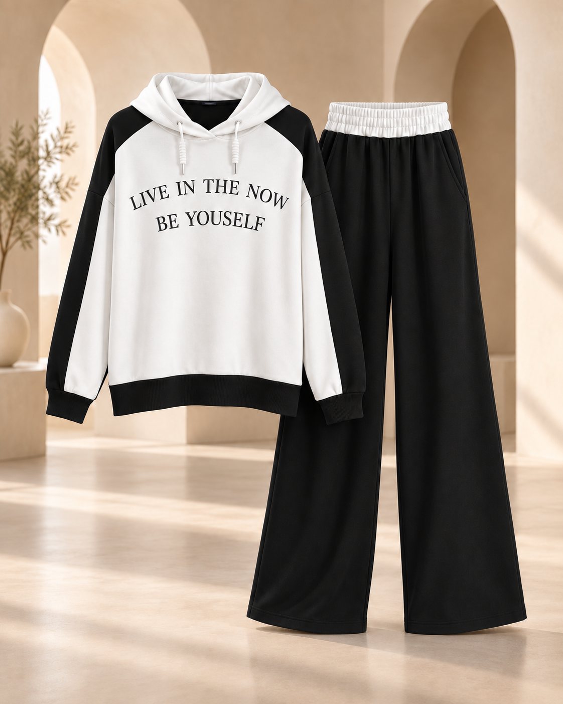 Ensemble femme sweat à capuche color block et pantalon large – Noir – SHELLA