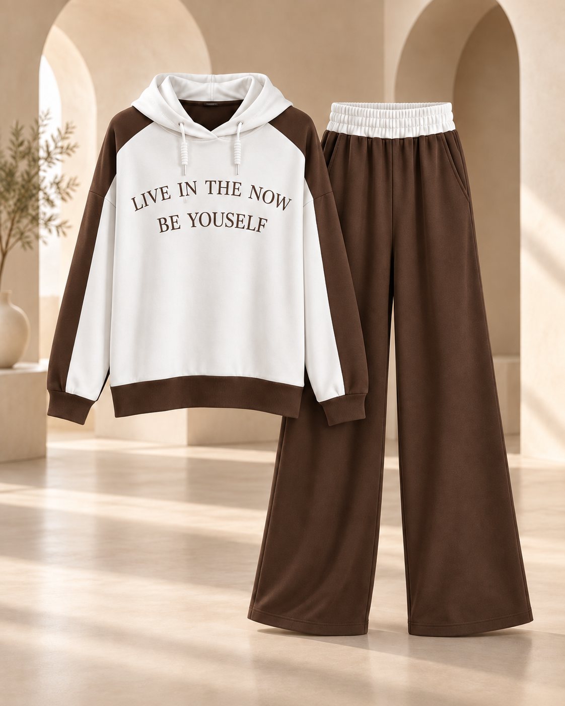 Ensemble femme sweat à capuche color block et pantalon large – Marron – SHELLA