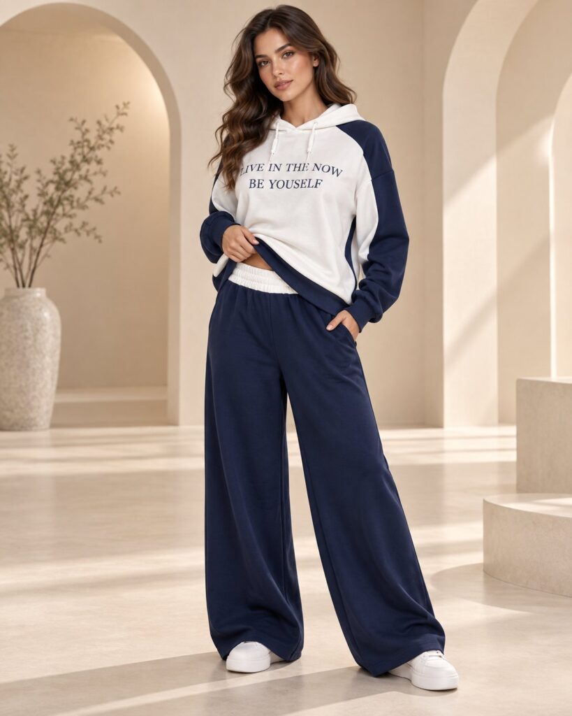 Ensemble femme sweat à capuche color block et pantalon large – Bleu marine – SHELLA