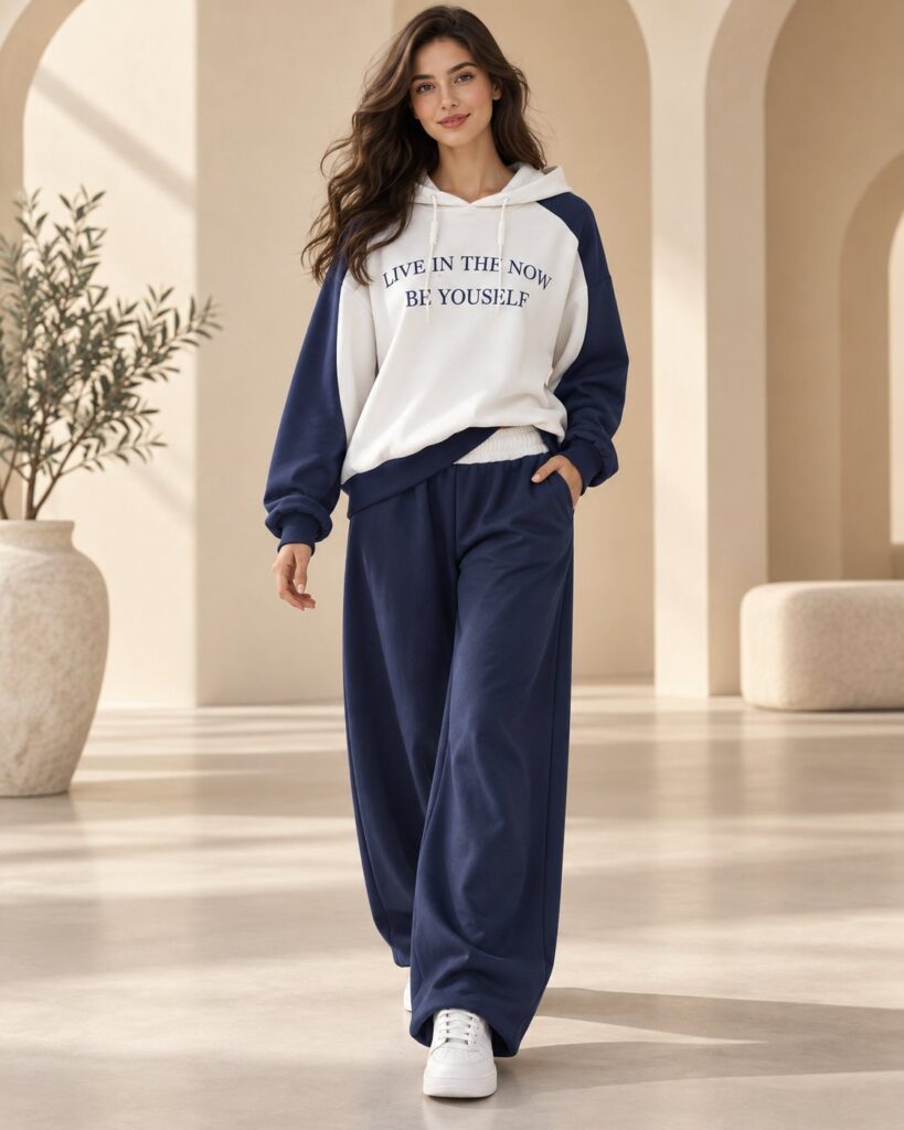 Ensemble femme sweat à capuche color block et pantalon large – Bleu marine – SHELLA