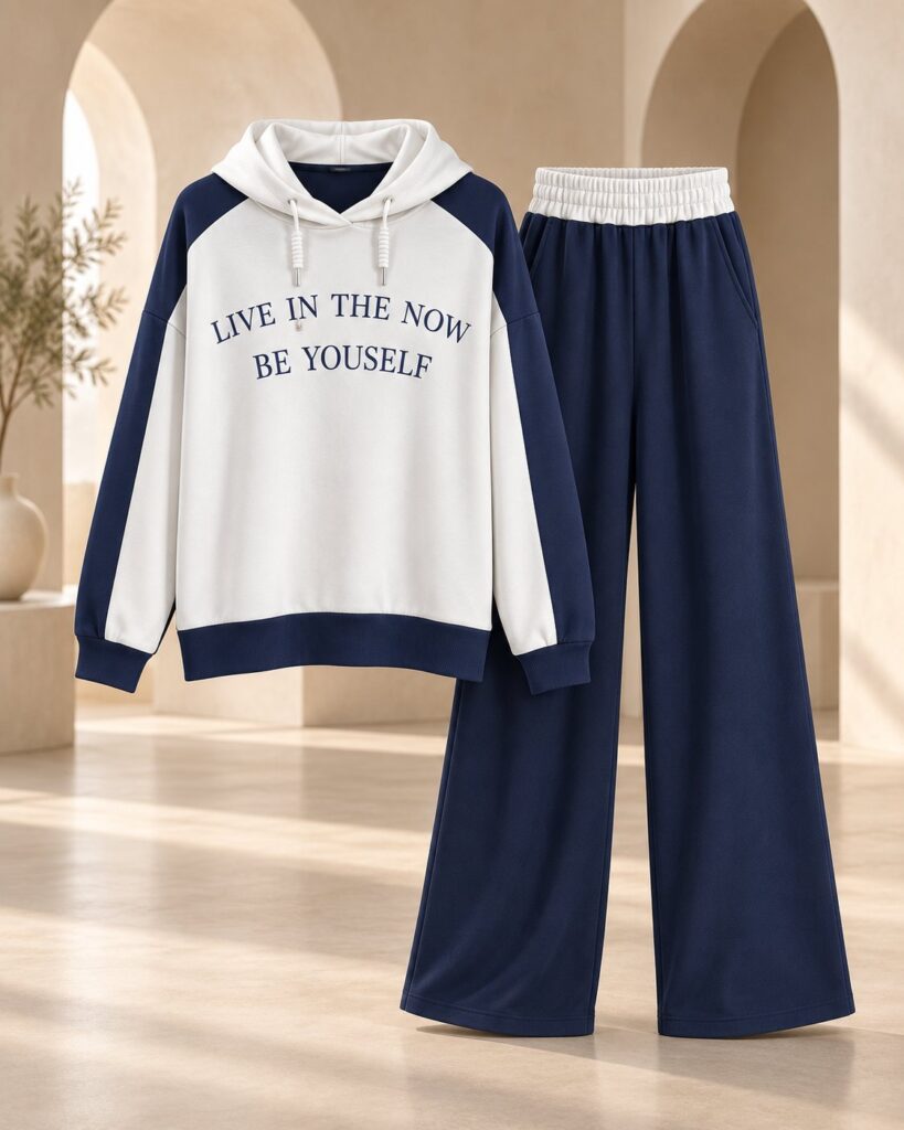 Ensemble femme sweat à capuche color block et pantalon large – Bleu marine – SHELLA
