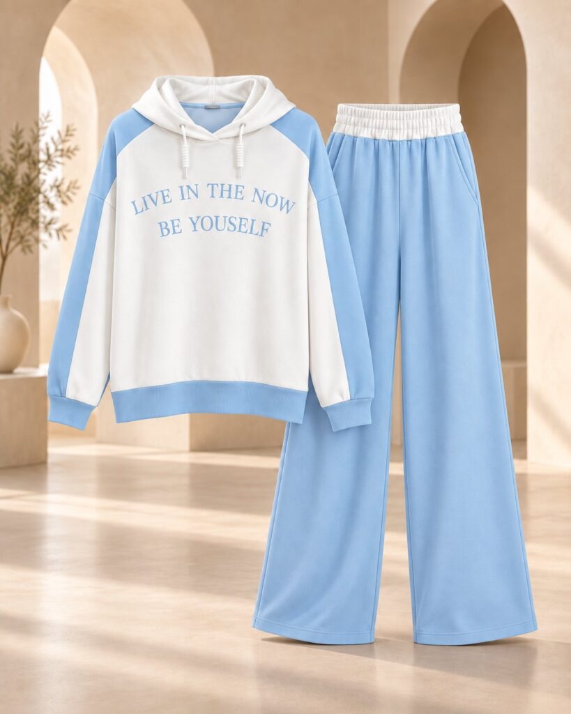 Ensemble femme sweat à capuche color block et pantalon large – Bleu ciel – SHELLA