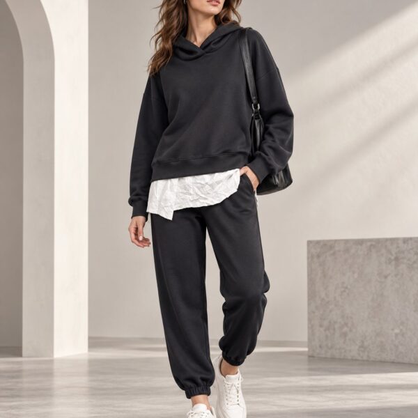 Ensemble femme hoodie oversize effet chemise et jogger – Noir – SHELLA
