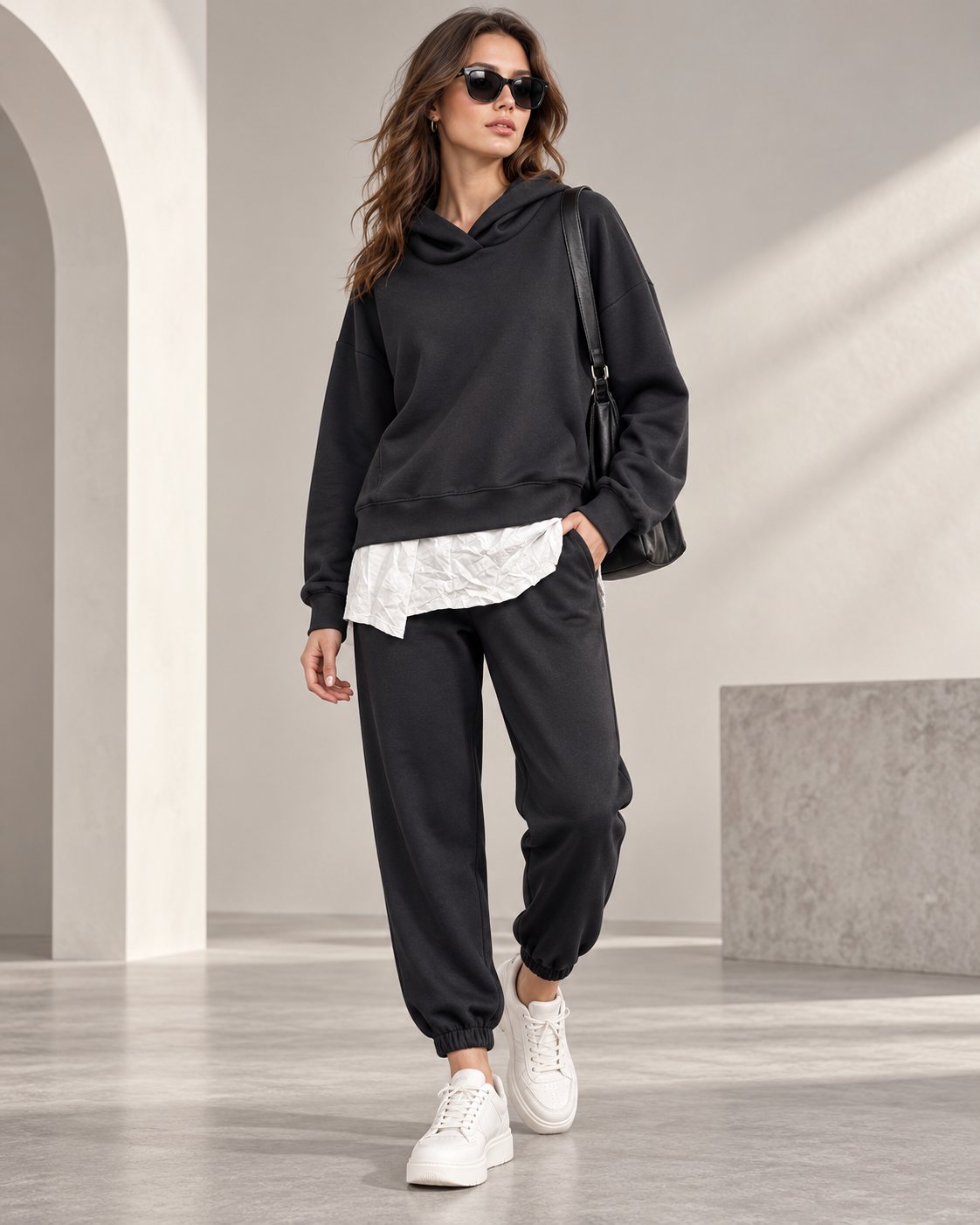Ensemble femme hoodie oversize effet chemise et jogger – Noir – SHELLA