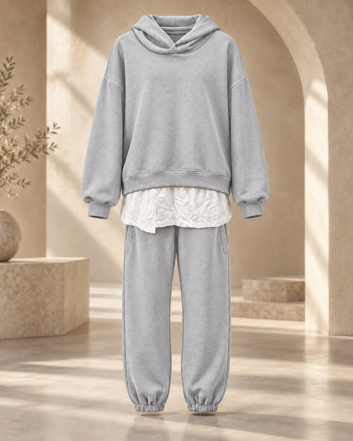 Ensemble femme hoodie oversize effet chemise et jogger – Gris – SHELLA