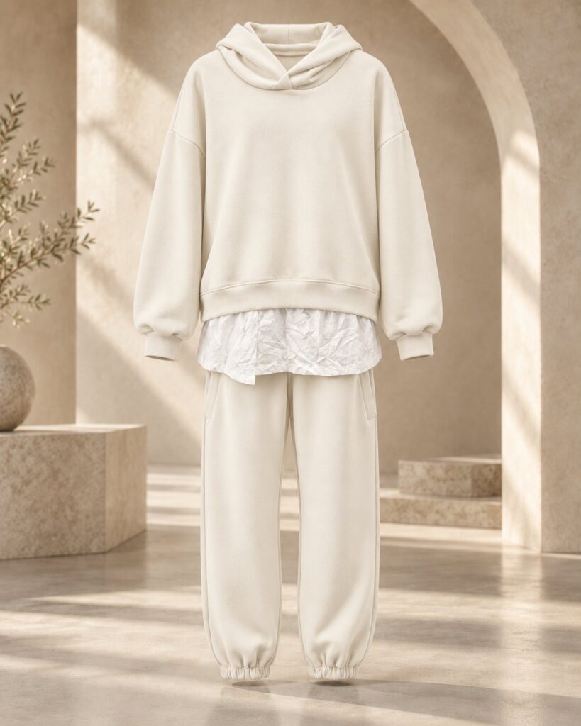 Ensemble femme hoodie oversize effet chemise et jogger – Crème – SHELLA