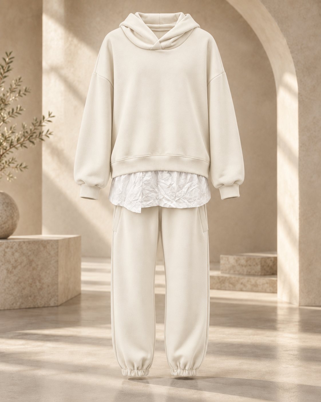 Ensemble femme hoodie oversize effet chemise et jogger – Crème – SHELLA