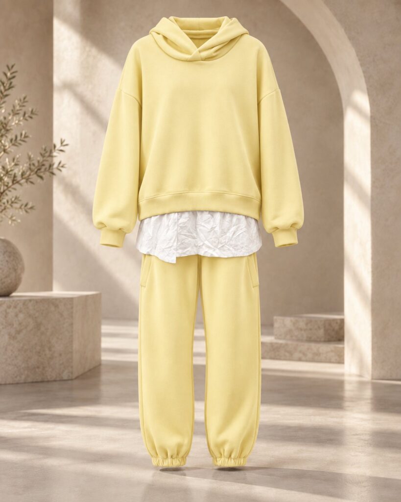 Ensemble femme hoodie oversize effet chemise et jogger – Jaune – SHELLA