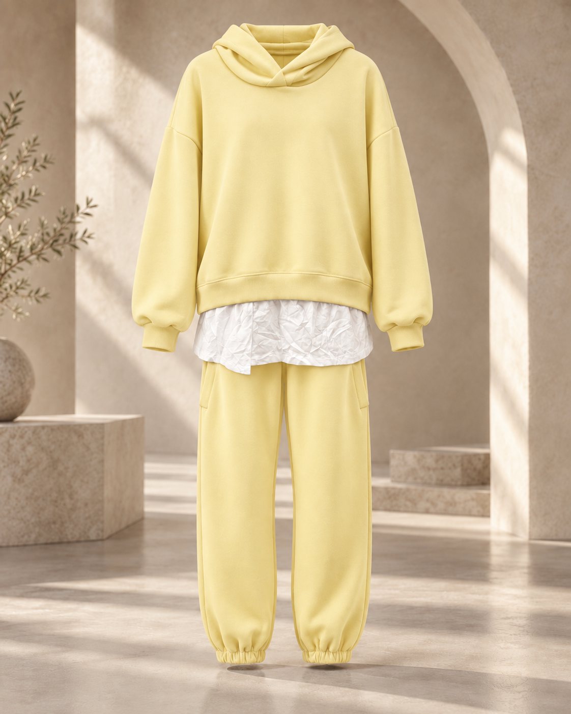 Ensemble femme hoodie oversize effet chemise et jogger – Jaune – SHELLA