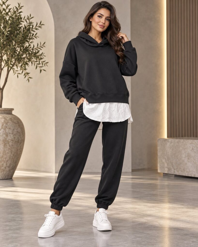 Ensemble femme hoodie oversize effet chemise et jogger – Noir – SHELLA