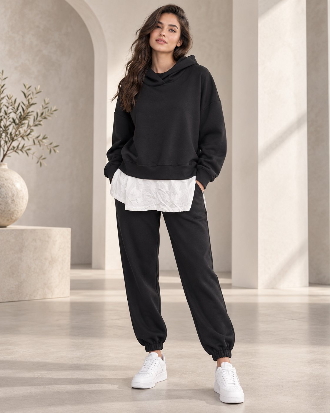 Ensemble femme hoodie oversize effet chemise et jogger – Noir – SHELLA