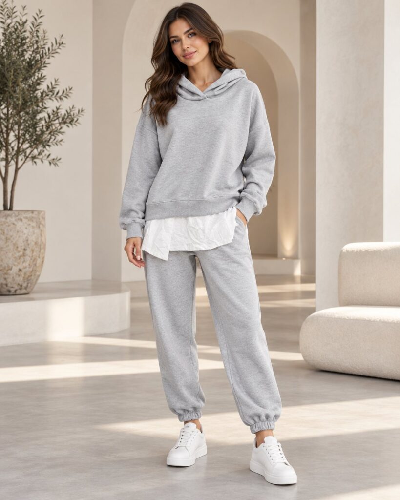Ensemble femme hoodie oversize effet chemise et jogger – Gris – SHELLA