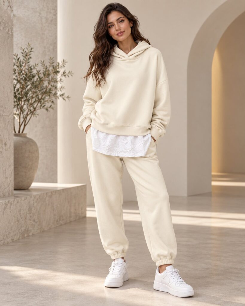 Ensemble femme hoodie oversize effet chemise et jogger – Crème – SHELLA