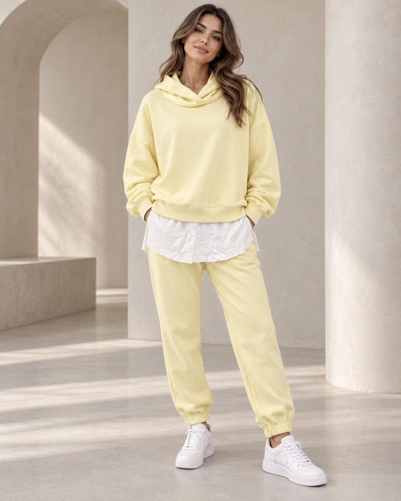 Ensemble femme hoodie oversize effet chemise et jogger – Jaune – SHELLA