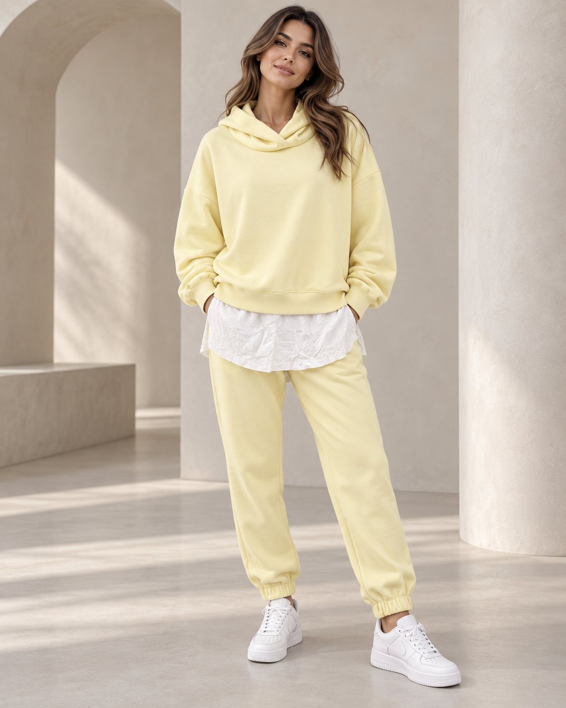 Ensemble femme hoodie oversize effet chemise et jogger – Jaune – SHELLA