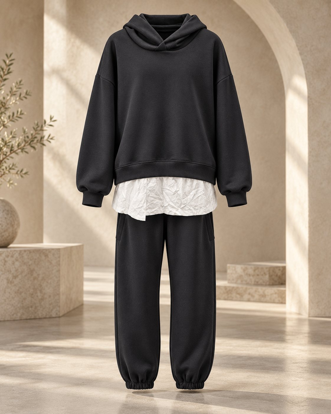 Ensemble femme hoodie oversize effet chemise et jogger – Noir – SHELLA