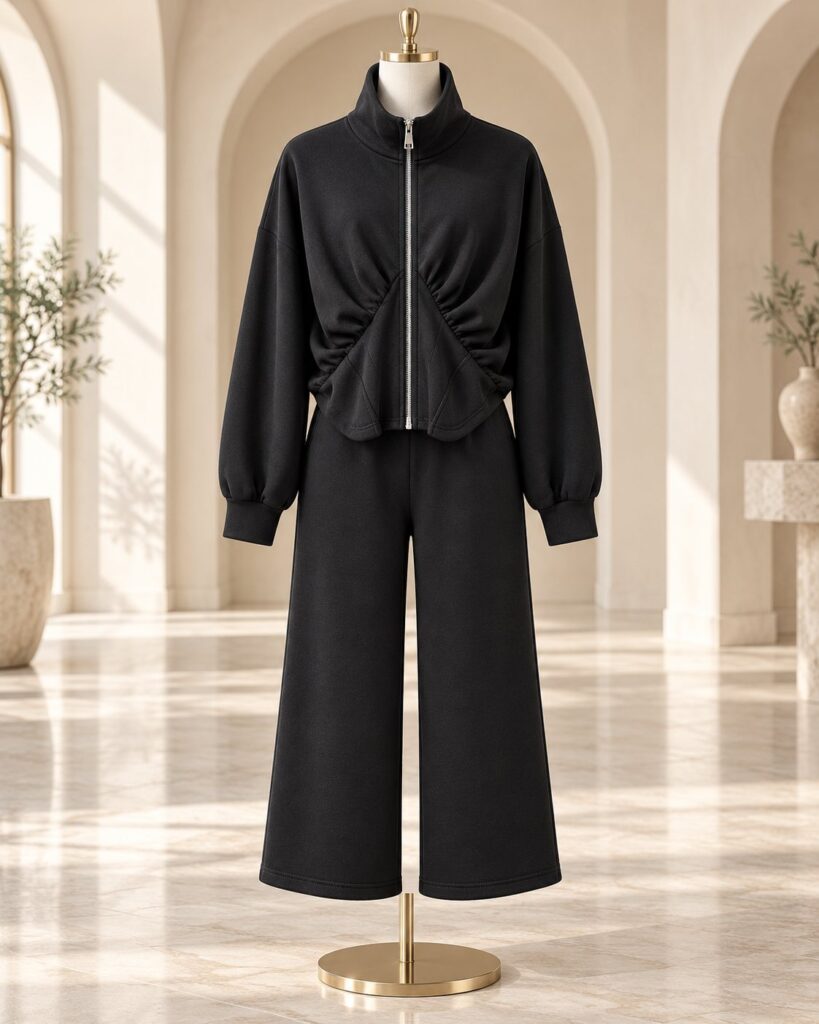 Ensemble femme veste zippée froncée et pantalon culotte – Noir – SHELLA