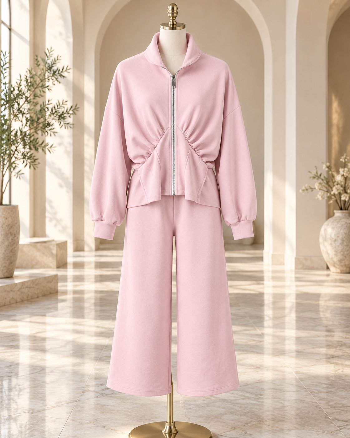 Ensemble femme veste zippée froncée et pantalon culotte – Rose poudré – SHELLA