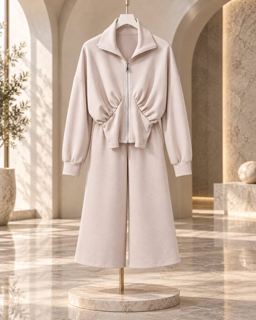 Ensemble femme veste zippée froncée et pantalon culotte – Beige – SHELLA