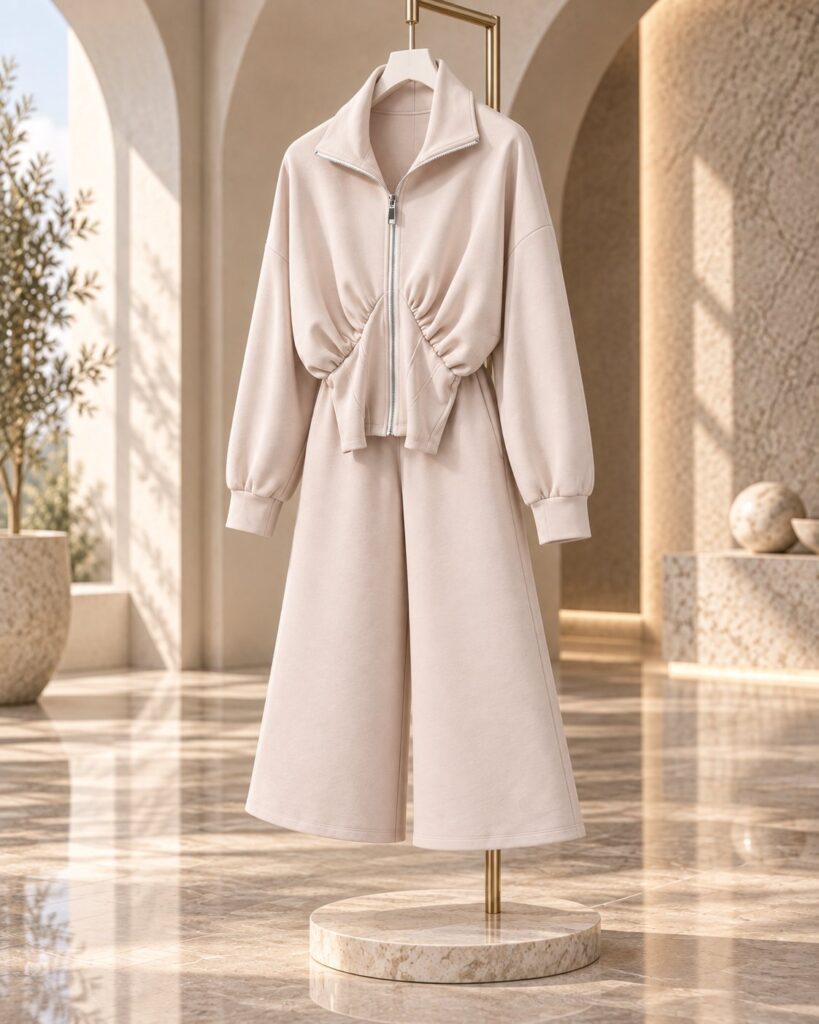 Ensemble femme veste zippée froncée et pantalon culotte – Beige – SHELLA