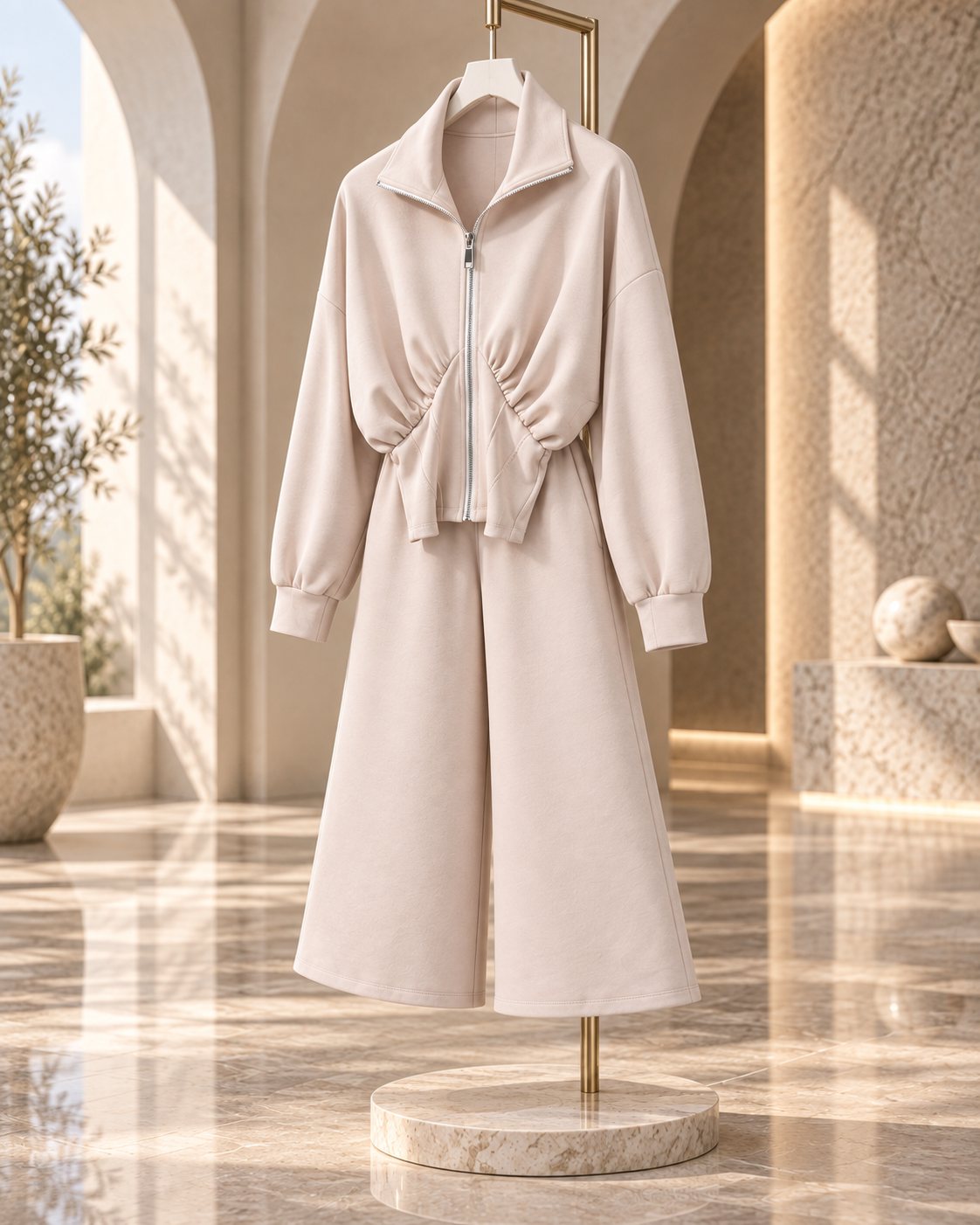 Ensemble femme veste zippée froncée et pantalon culotte – Beige – SHELLA