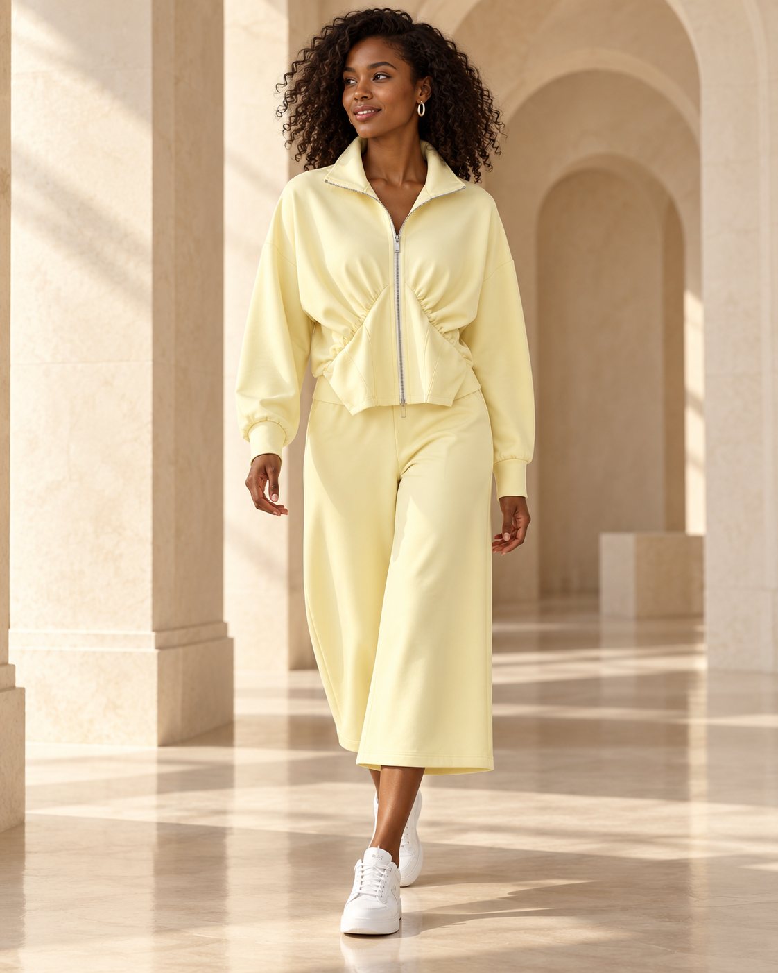 Ensemble femme veste zippée froncée et pantalon culotte – Jaune beurre – SHELLA