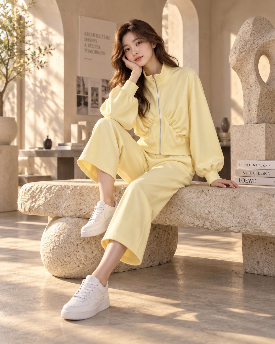 Ensemble femme veste zippée froncée et pantalon culotte – Jaune beurre – SHELLA