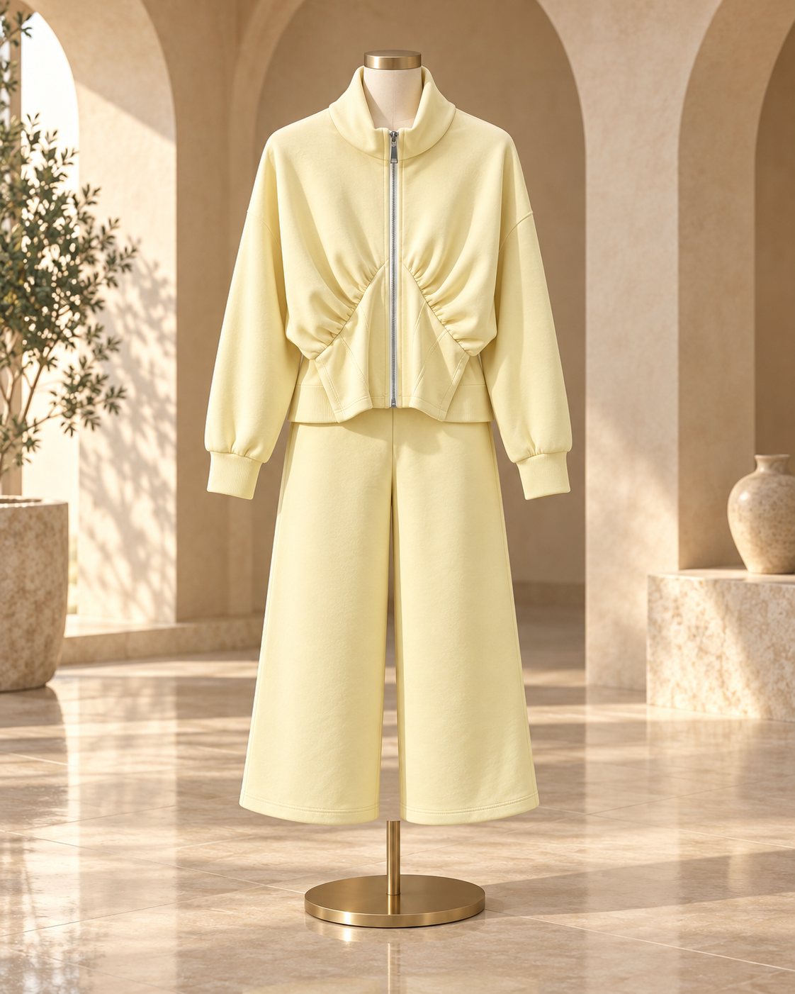 Ensemble femme veste zippée froncée et pantalon culotte – Jaune beurre – SHELLA