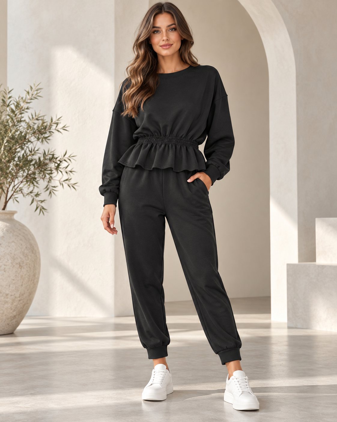 Ensemble jogging femme sweat péplum taille froncée et jogger – Noir – SHELLA