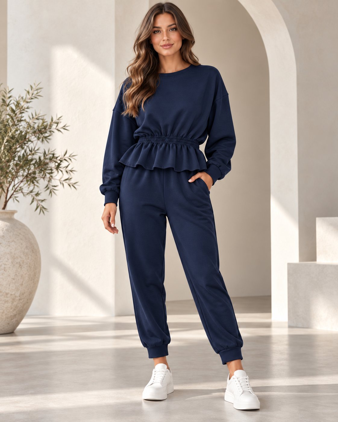 Ensemble jogging femme sweat péplum taille froncée et jogger – Bleu marine – SHELLA