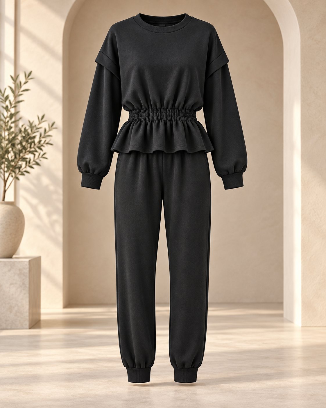 Ensemble jogging femme sweat péplum taille froncée et jogger – Noir – SHELLA