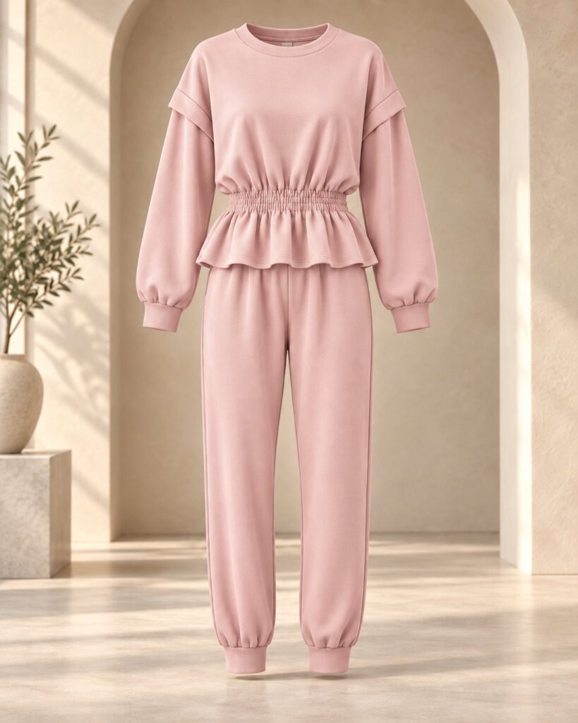 Ensemble jogging femme sweat péplum taille froncée et jogger – Rose poudré – SHELLA