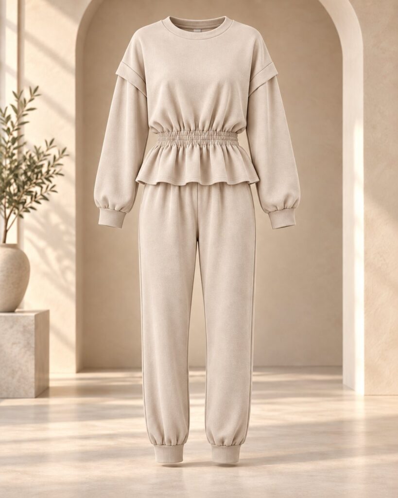 Ensemble jogging femme sweat péplum taille froncée et jogger – Beige – SHELLA
